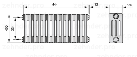 Схема (чертеж) Радиатор Zehnder Charleston 4040/14 №1270 Белый глянцевый RAL 9016